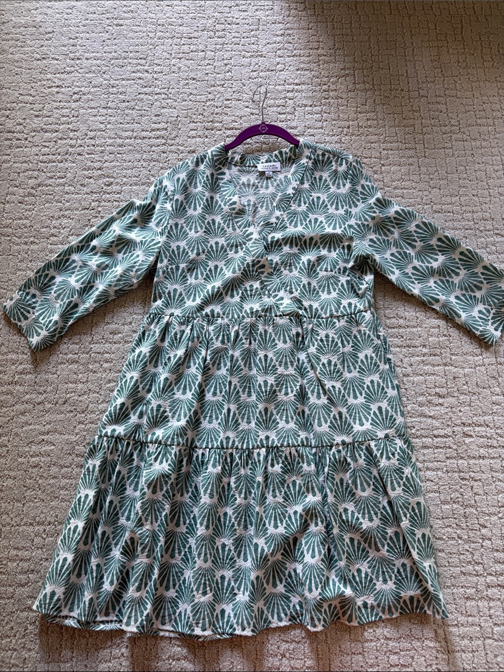 Tahari Green Fan-Print Tiered Casual Dress